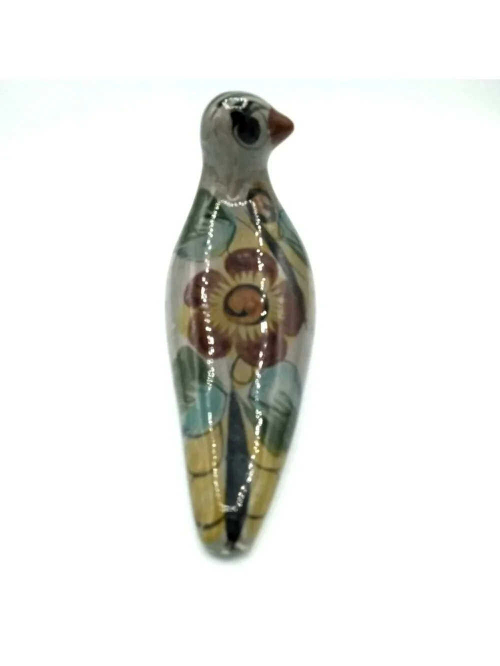 Mexican Pottery Bird Vintage Figurine Hand Painted Tonala Style Floral 6